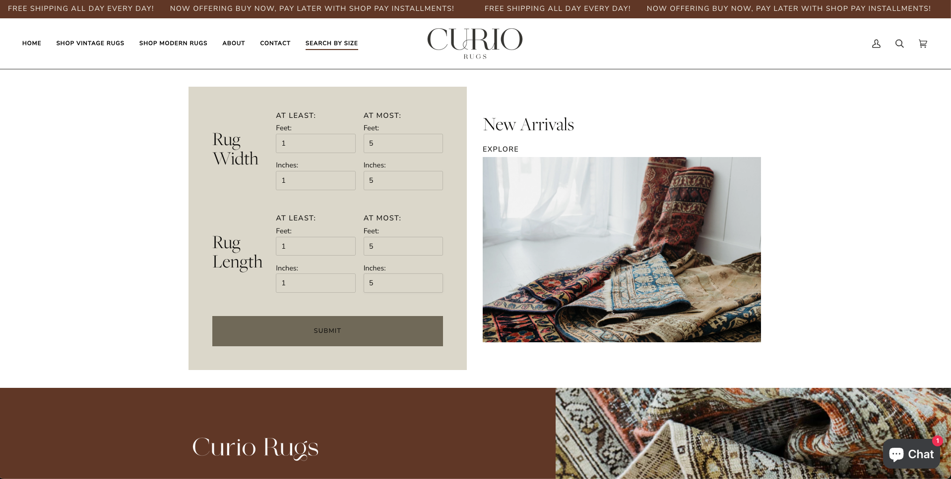 Curio Rugs - Custom Dimension Search Tool