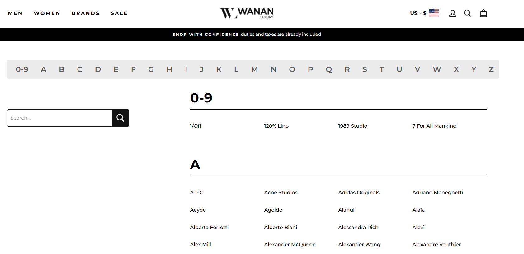 Custom Brands Page with search functionality for Wanan Luxury