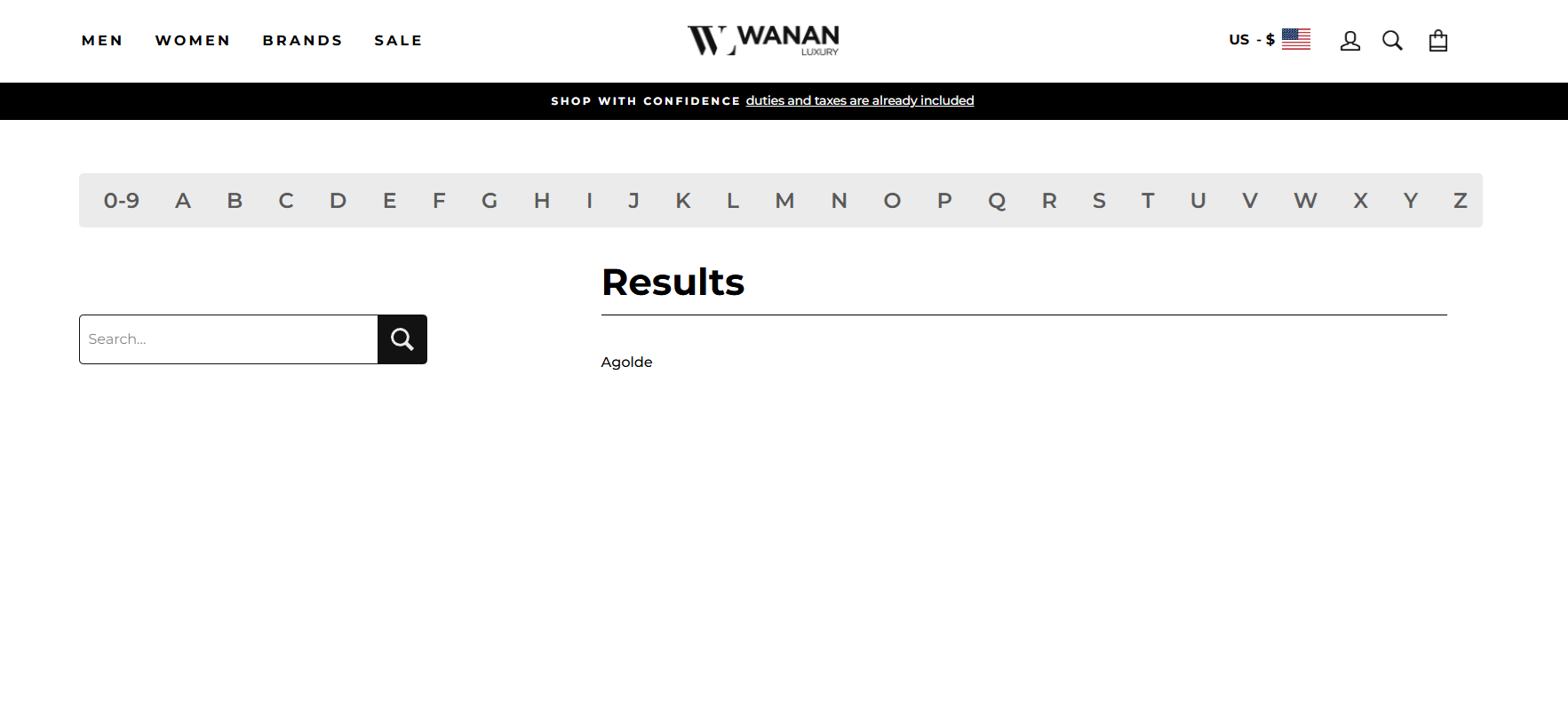 Custom Brands Page with search functionality for Wanan Luxury