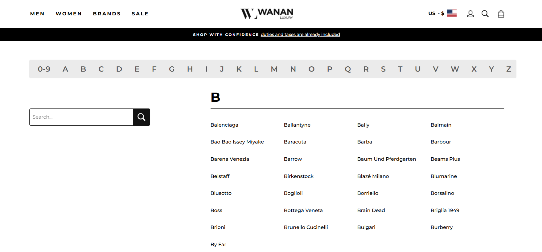 Custom Brands Page with search functionality for Wanan Luxury