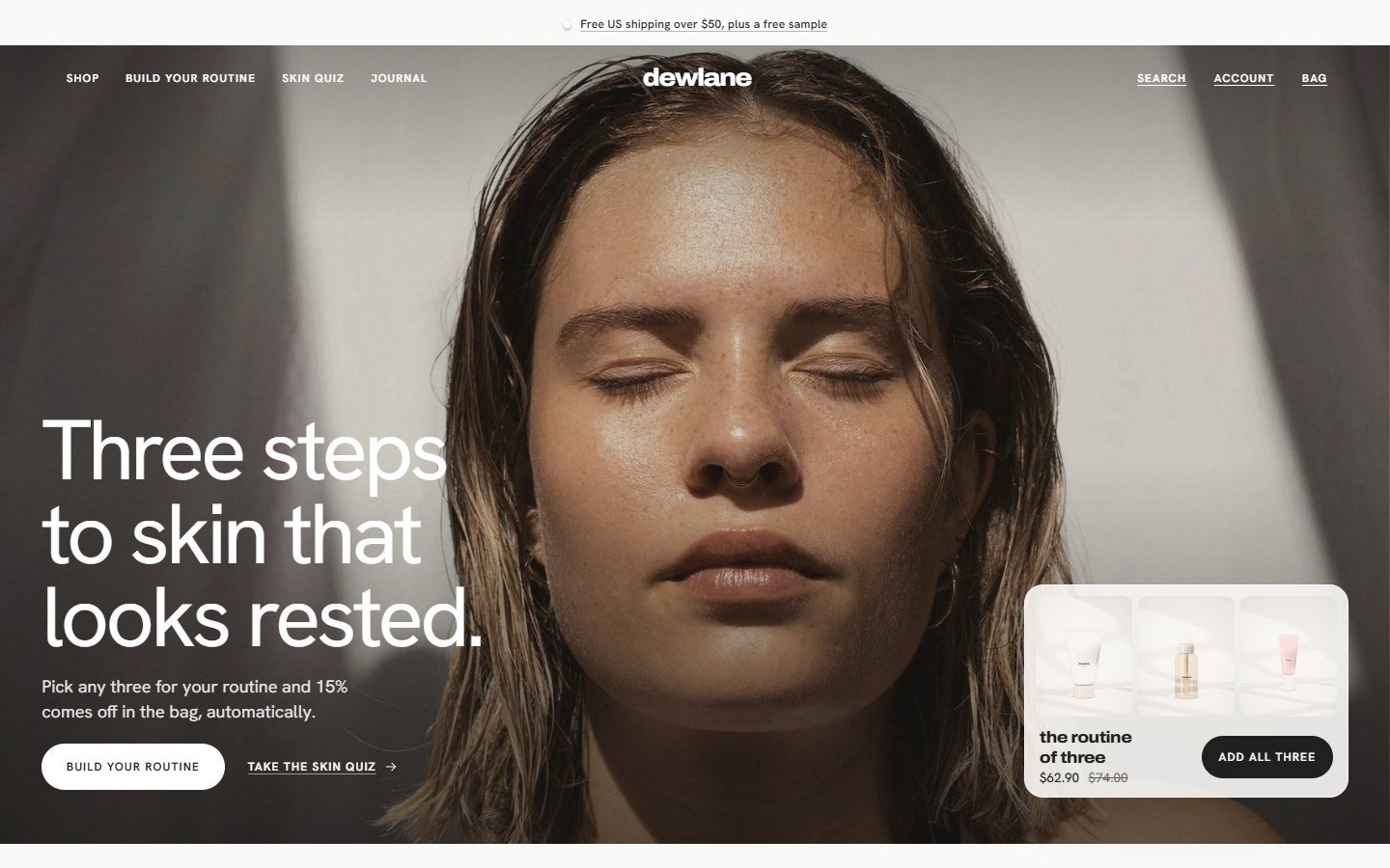 Dewlane: a skincare store that sells a three-product routine with 15% off (demo store)