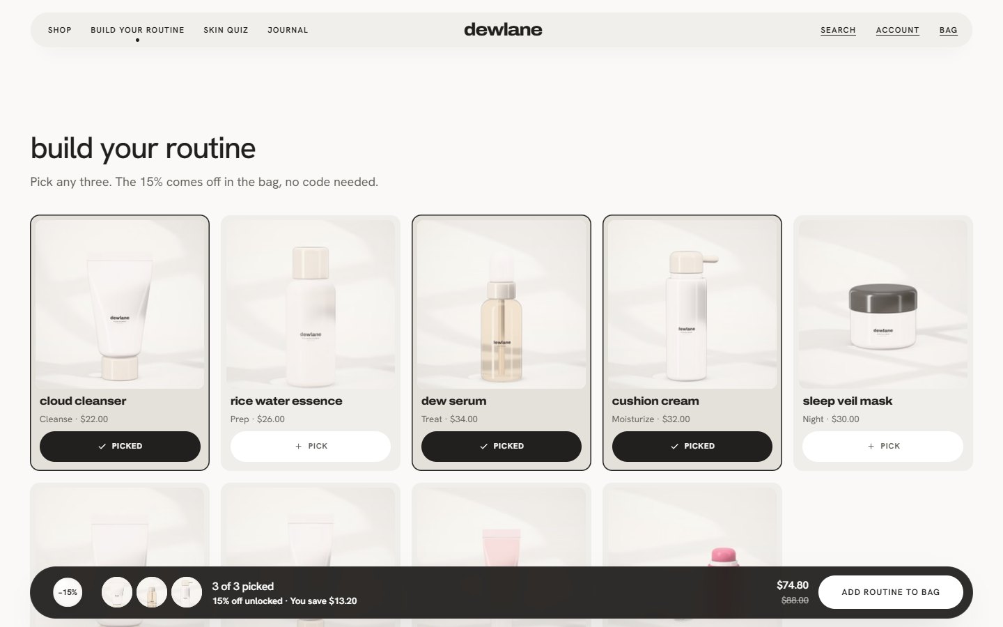 Dewlane: a skincare store that sells a three-product routine with 15% off (demo store)
