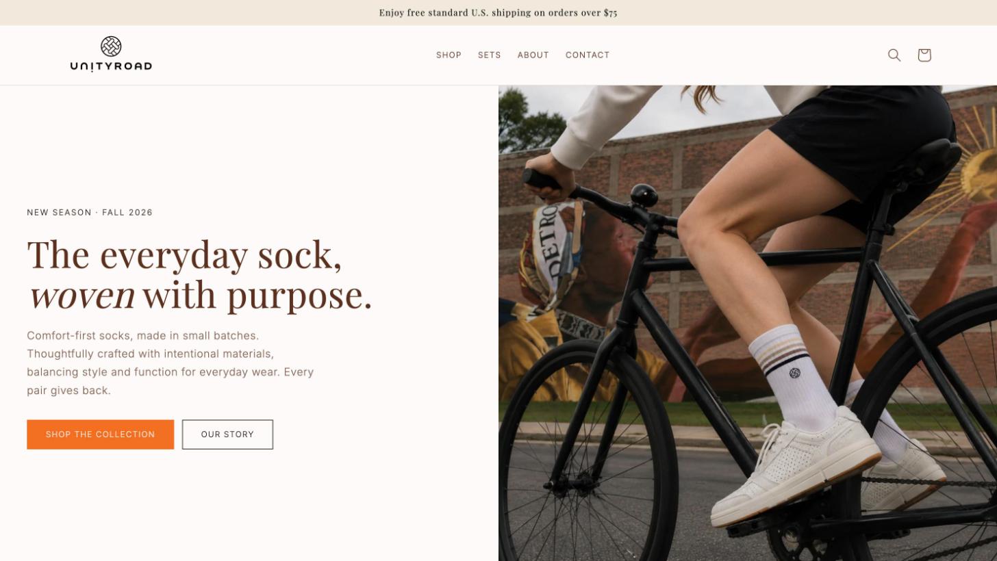 Launching a new brand, UnityRoad, on Shopify with no paid storefront apps, all custom built.