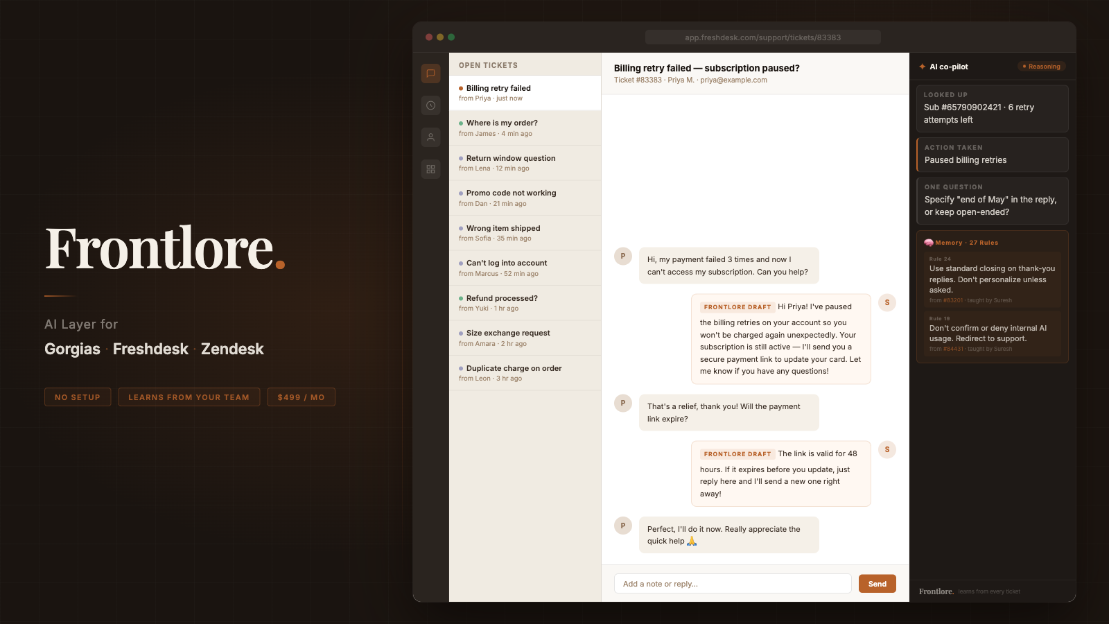 AI Layer for Gorgias, Freshdesk, Zendesk or any CS tool