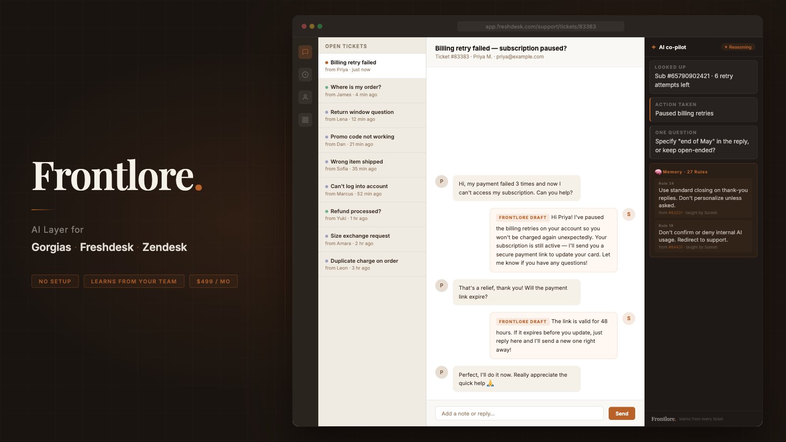 AI Layer for Gorgias, Freshdesk, Zendesk or any CS tool